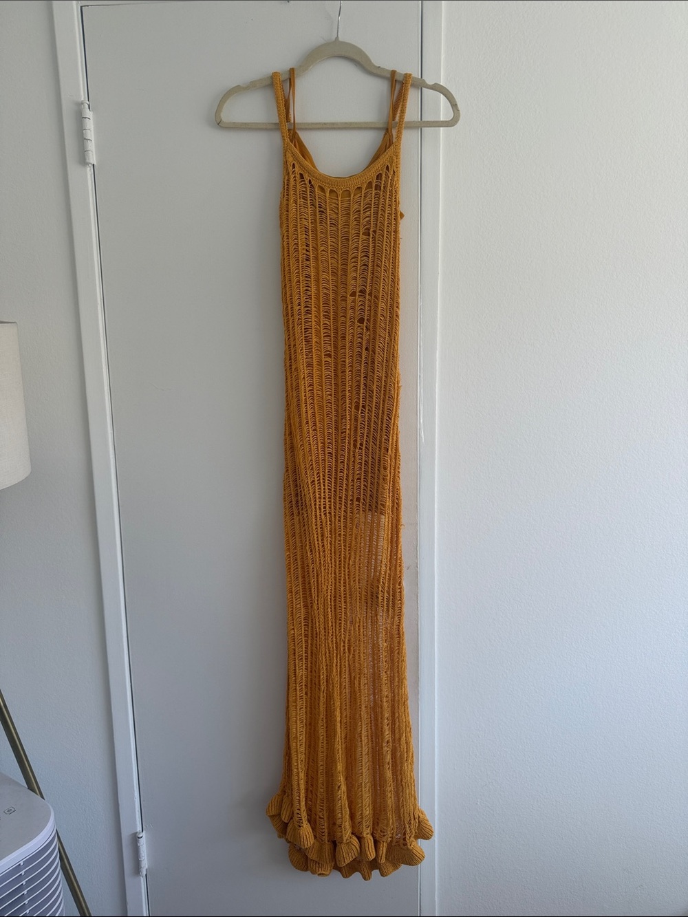 Mustard Crochet Maxi Dress with Ruffled Hem - Women's Summer Cover-Up
